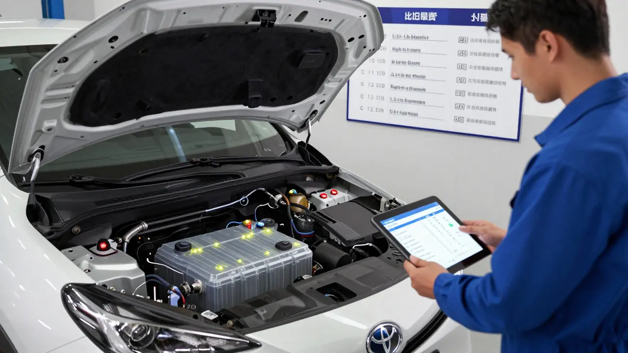 Technician viewing open battery data on a tablet while working on a hybrid electric vehicle.