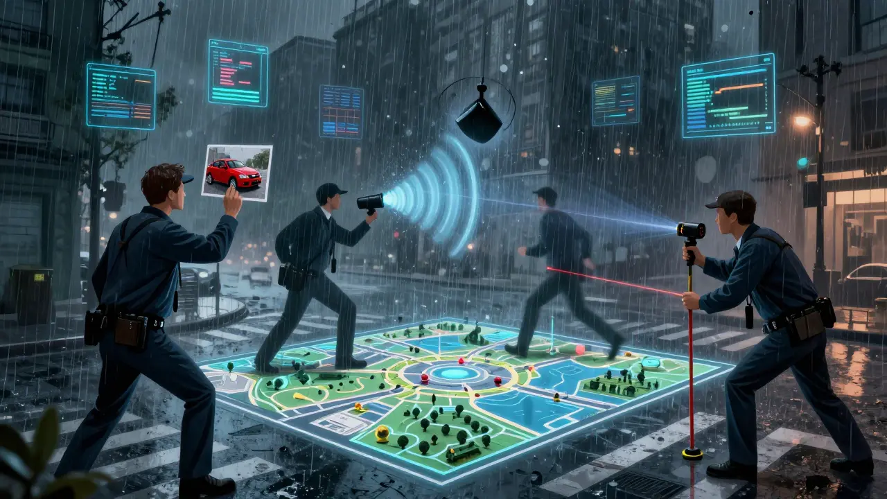 Three detective-style figures representing camera, radar, and LiDAR sensors merging data in a stormy street scene.