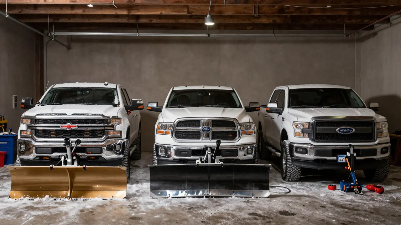 Three types of snow plow mounts compared on different pickup trucks