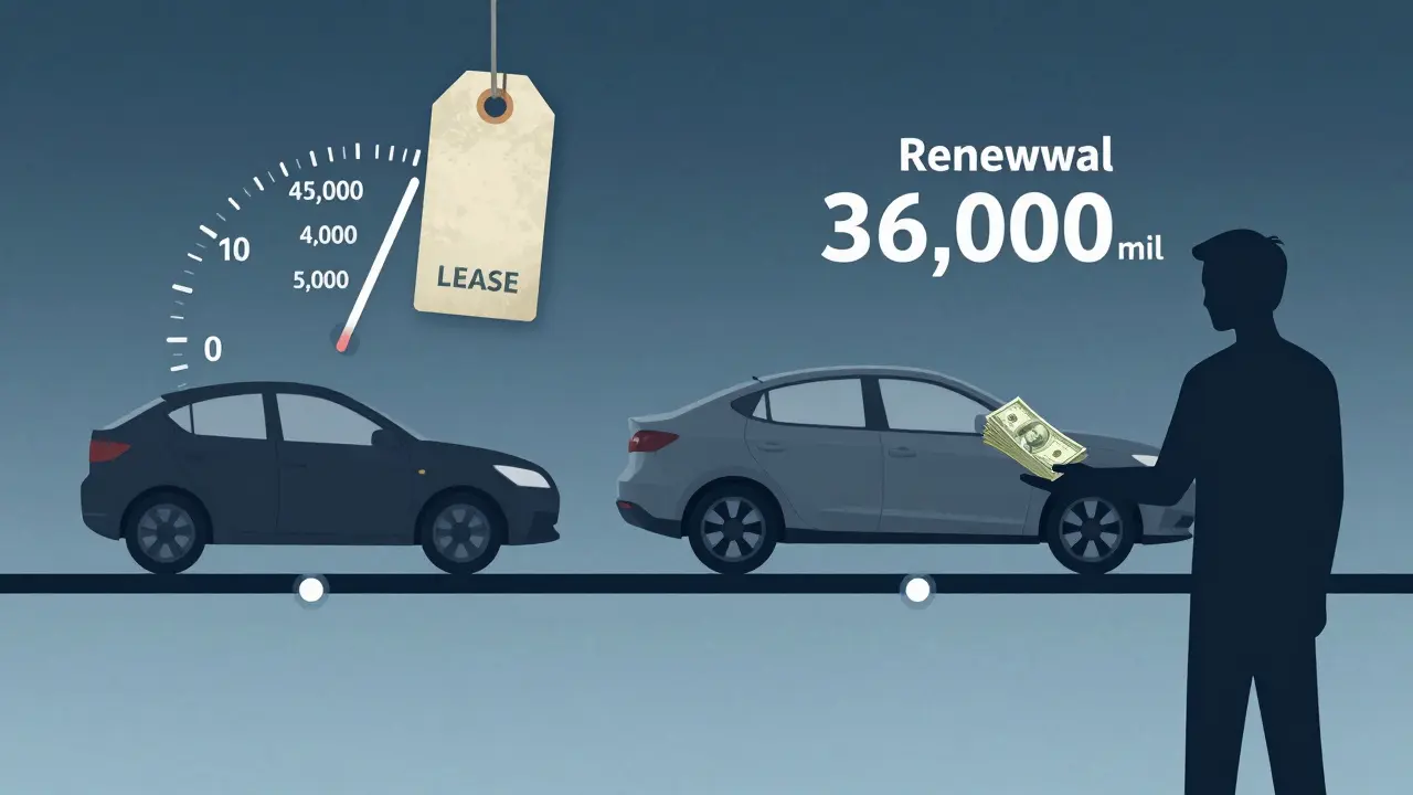 Two cars side by side: one with high mileage under an expired lease, another with a fresh mileage limit.