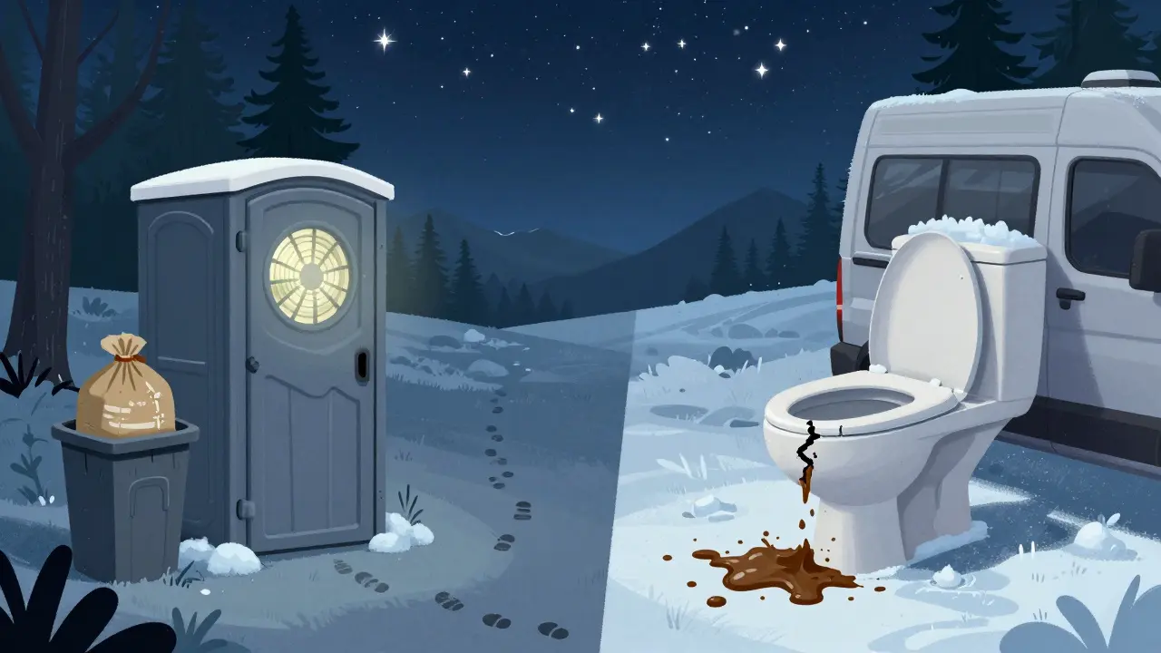 Van at night: composting toilet working smoothly vs. frozen conventional toilet leaking sludge.