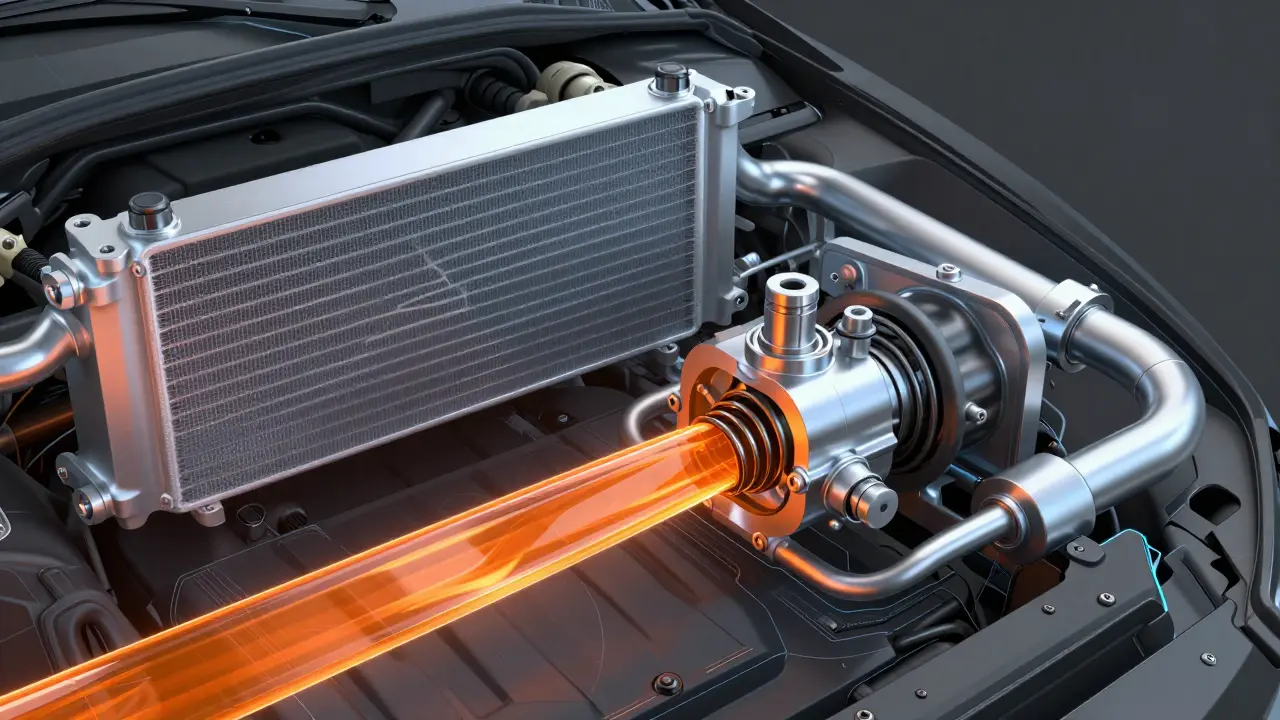 3D technical diagram of a car cooling system showing glowing orange coolant and the thermostat valve