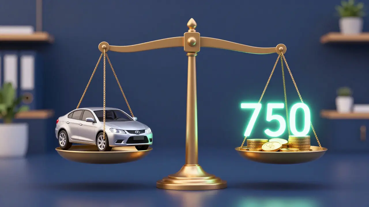 A 3D scale balancing a used car against a high credit score and gold coins
