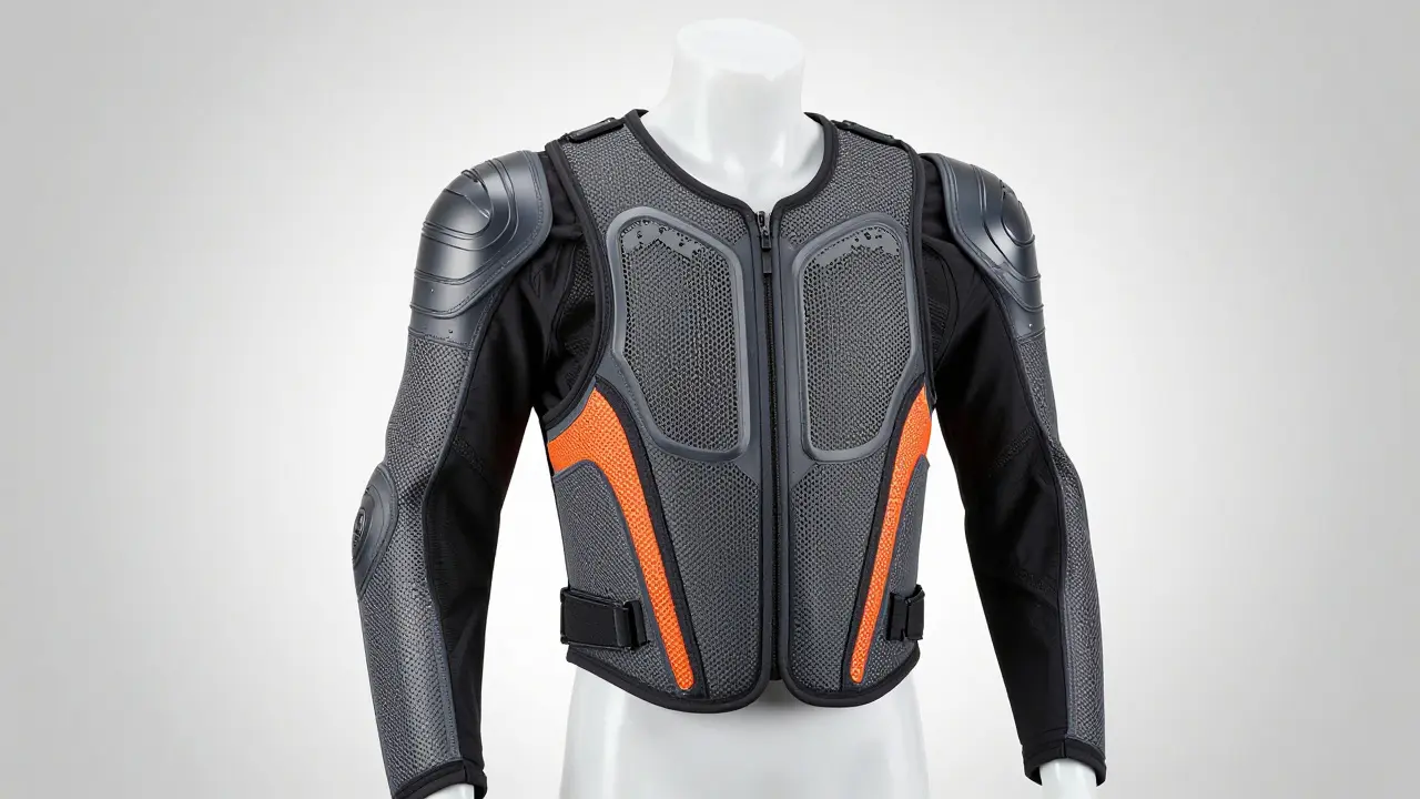 A breathable mesh motorcycle impact vest with integrated shoulder and elbow armor