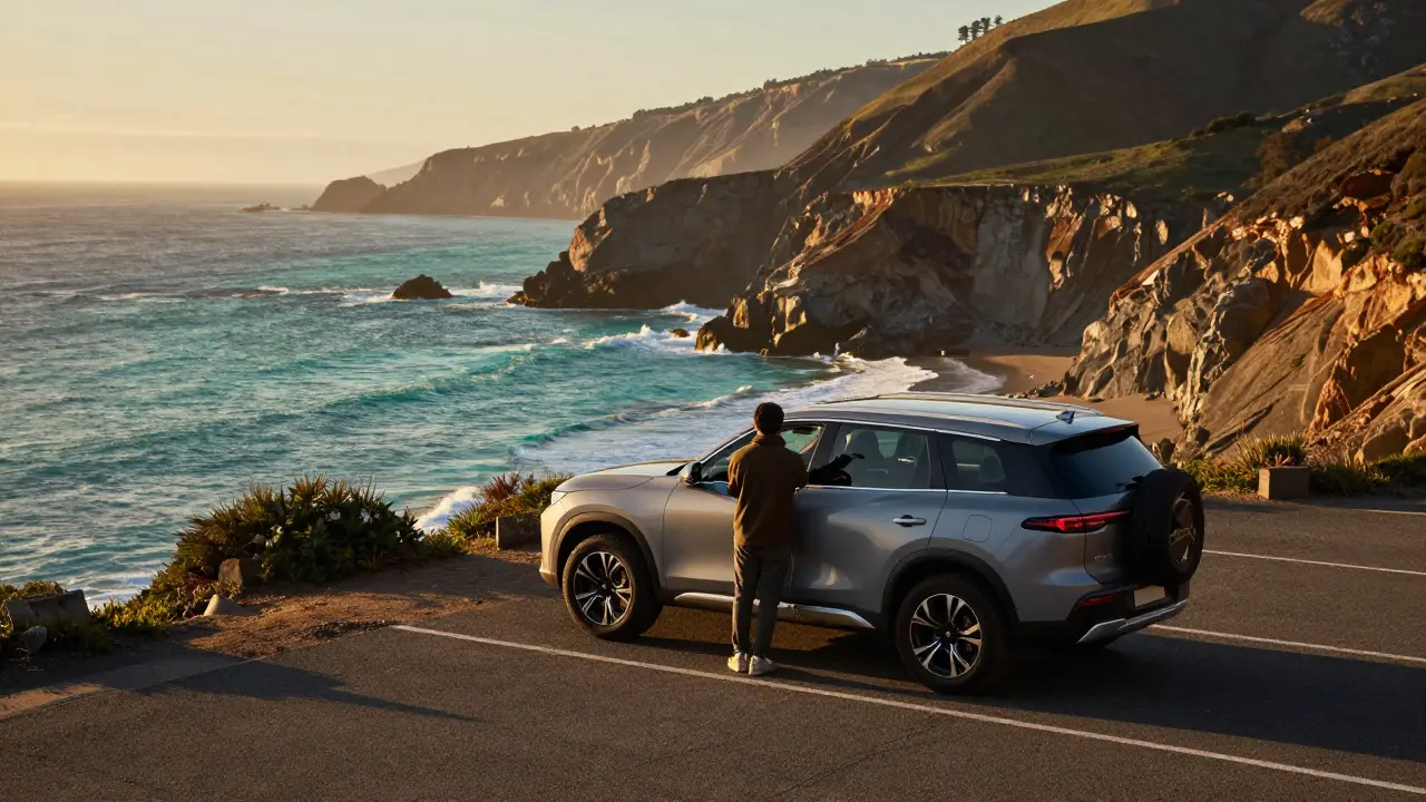 A car parked at a scenic ocean overlook on the Pacific Coast Highway.