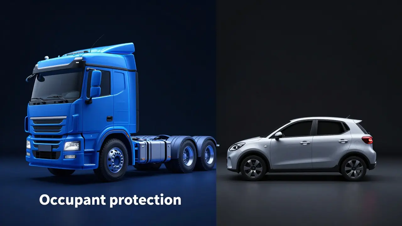 A conceptual comparison between a heavy truck and a small car illustrating occupant protection.