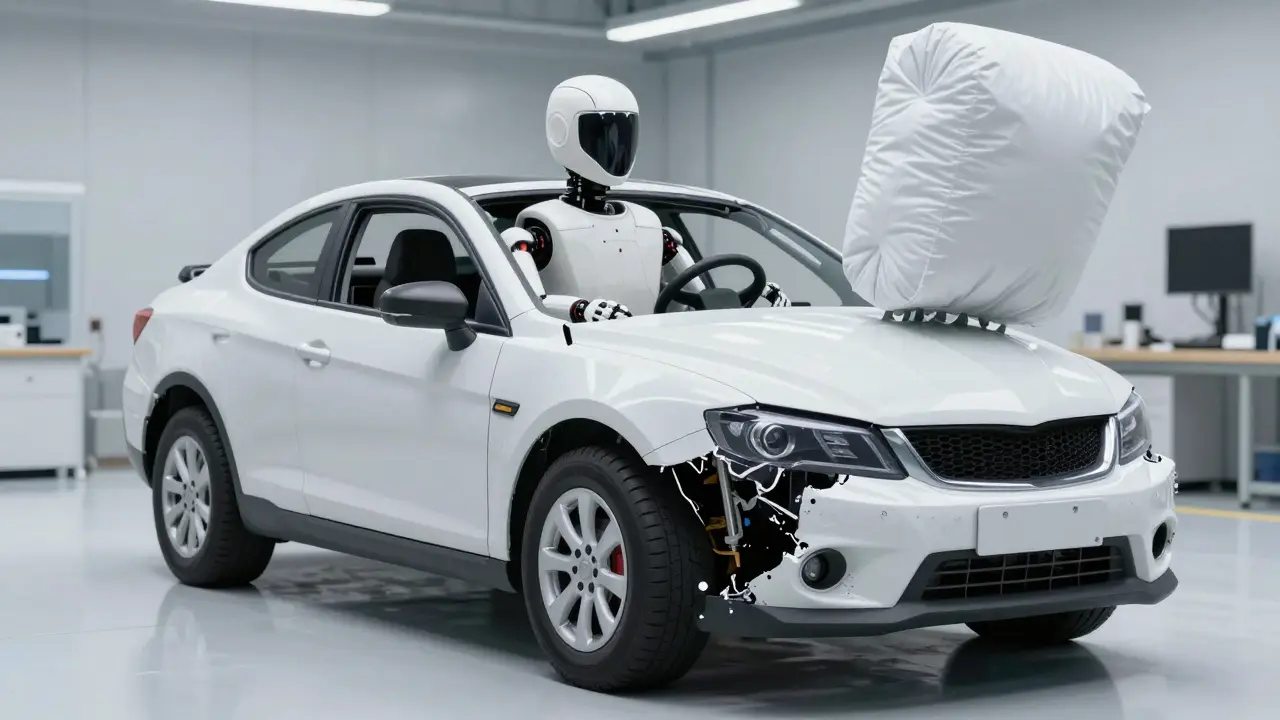 A crash test dummy in a vehicle with a deployed airbag and compressed crumple zone.