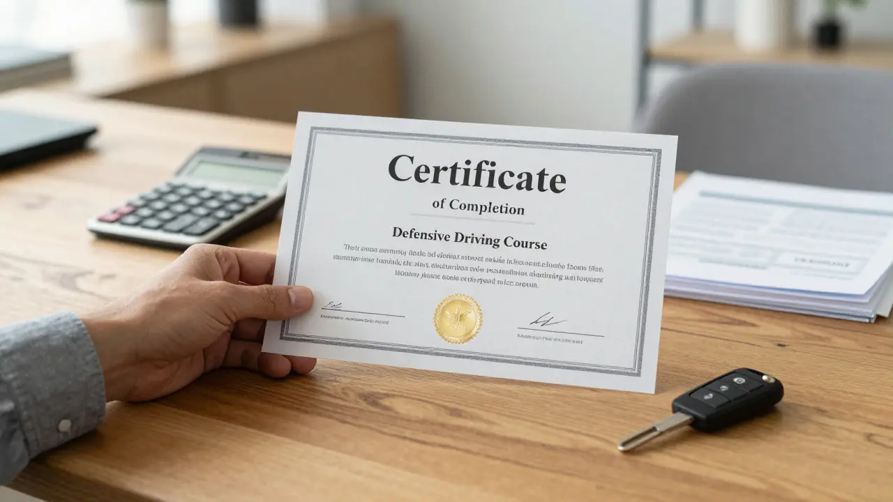 A hand holding a defensive driving course certificate next to car keys on a table.