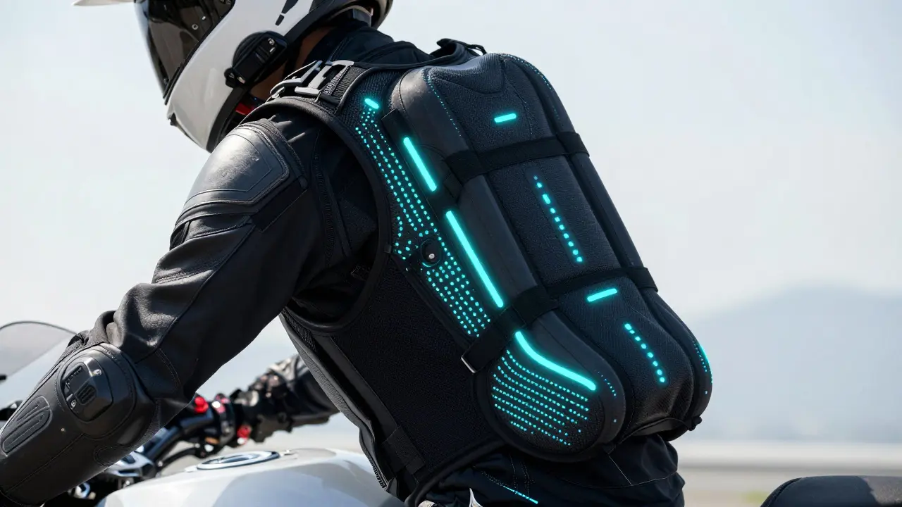 A motorcycle airbag vest deployed around the torso and neck for spinal protection