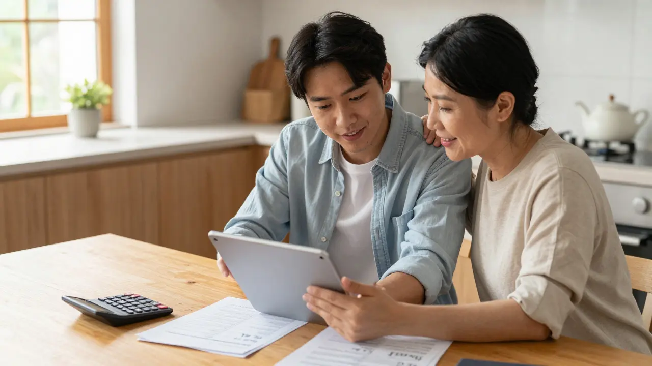 A person and a cosigner discussing car loan options over a tablet at home