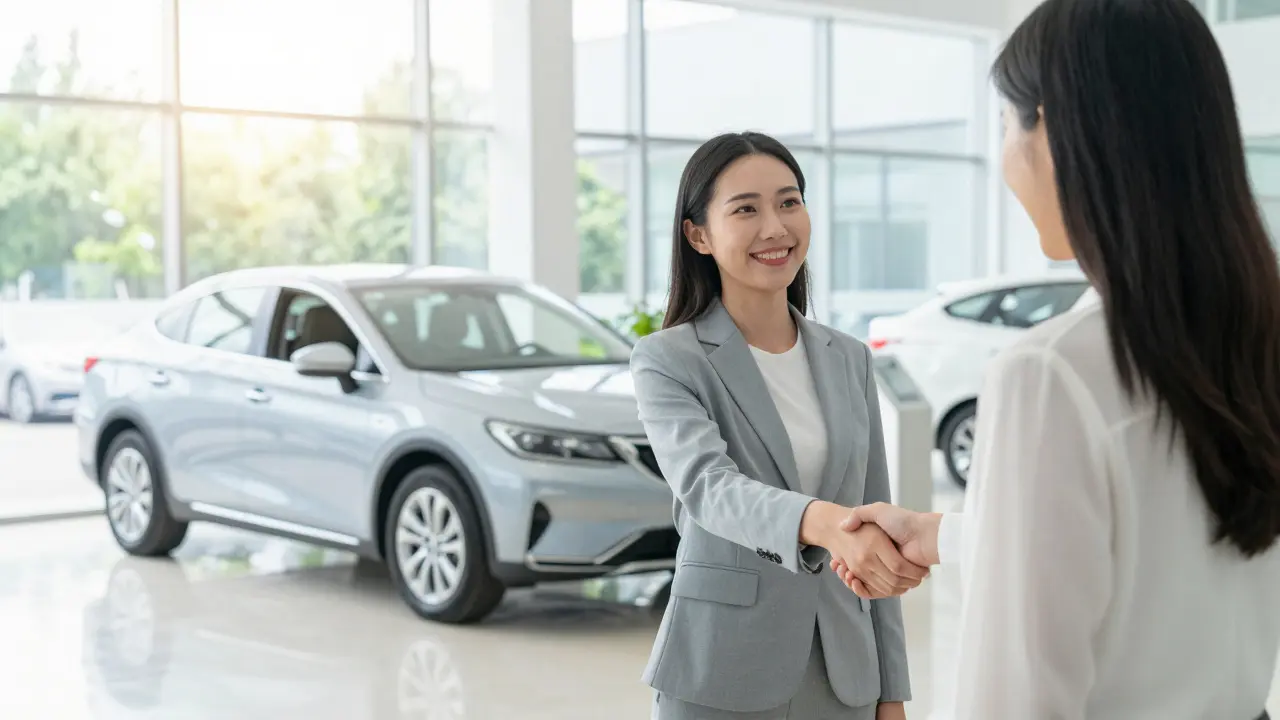 A person shaking hands with a dealership representative next to a new car