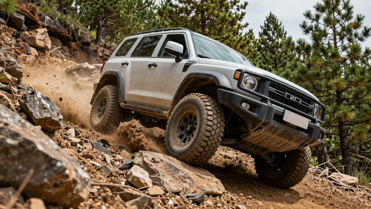 A rugged traditional SUV driving through a rocky, muddy off-road mountain trail.