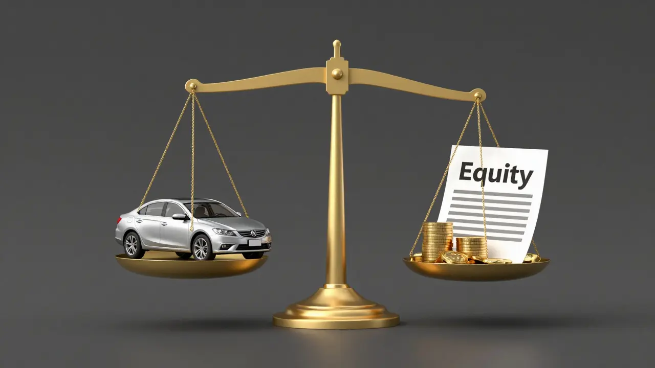 A scale balancing a car and gold coins to represent vehicle equity
