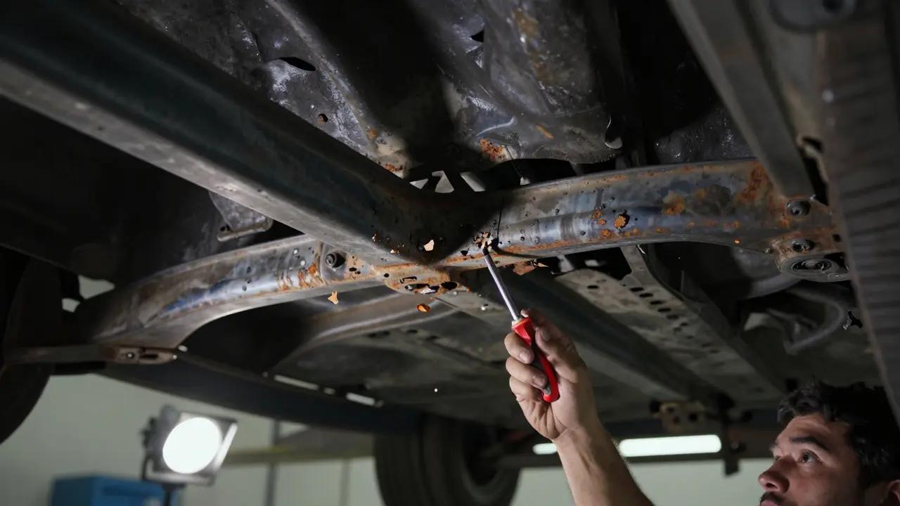 A screwdriver poking through a rusted and scaling vehicle chassis frame in a garage.