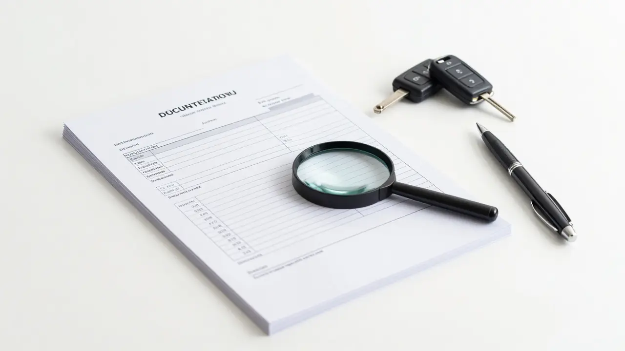 A stack of automotive repair orders and a magnifying glass on a white desk