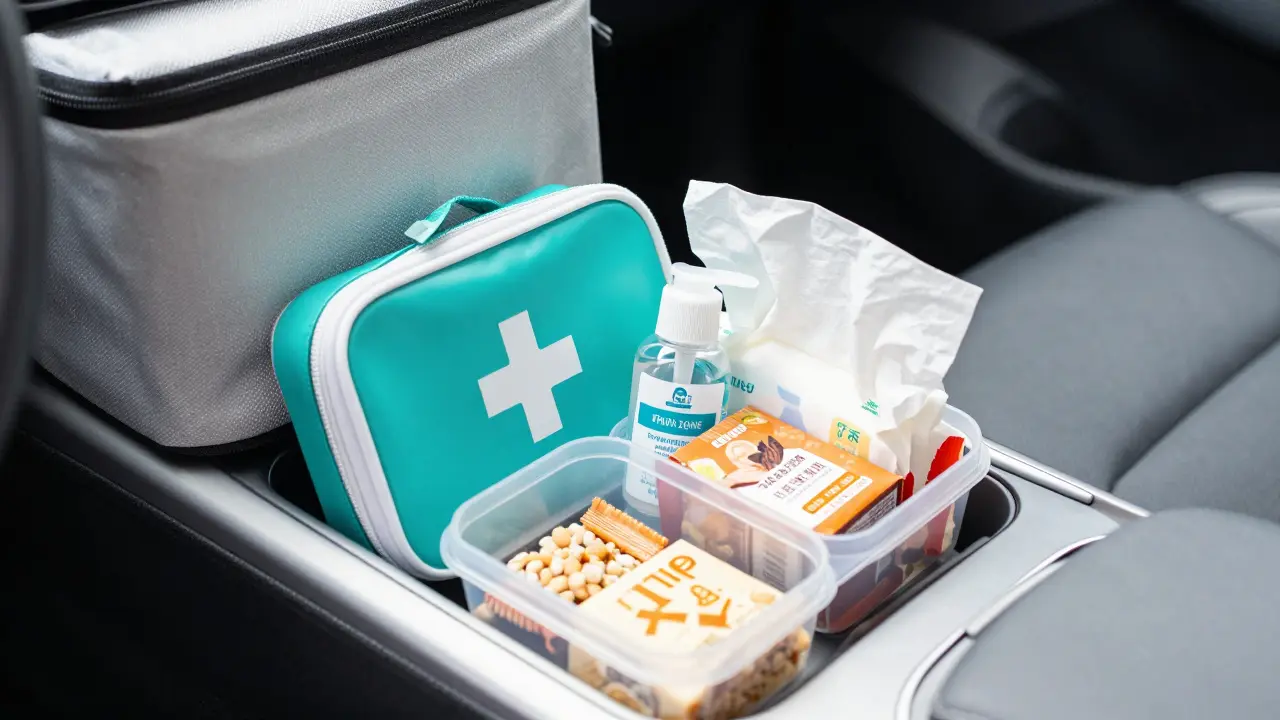 A travel reach zone basket with a first-aid kit, snacks, and sanitizer in a car.