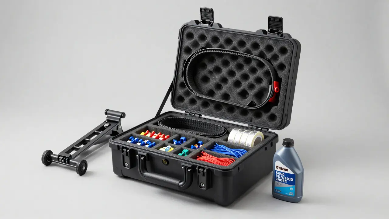 An organized trail repair kit in a waterproof case with belts, fuses, and adhesive tape.