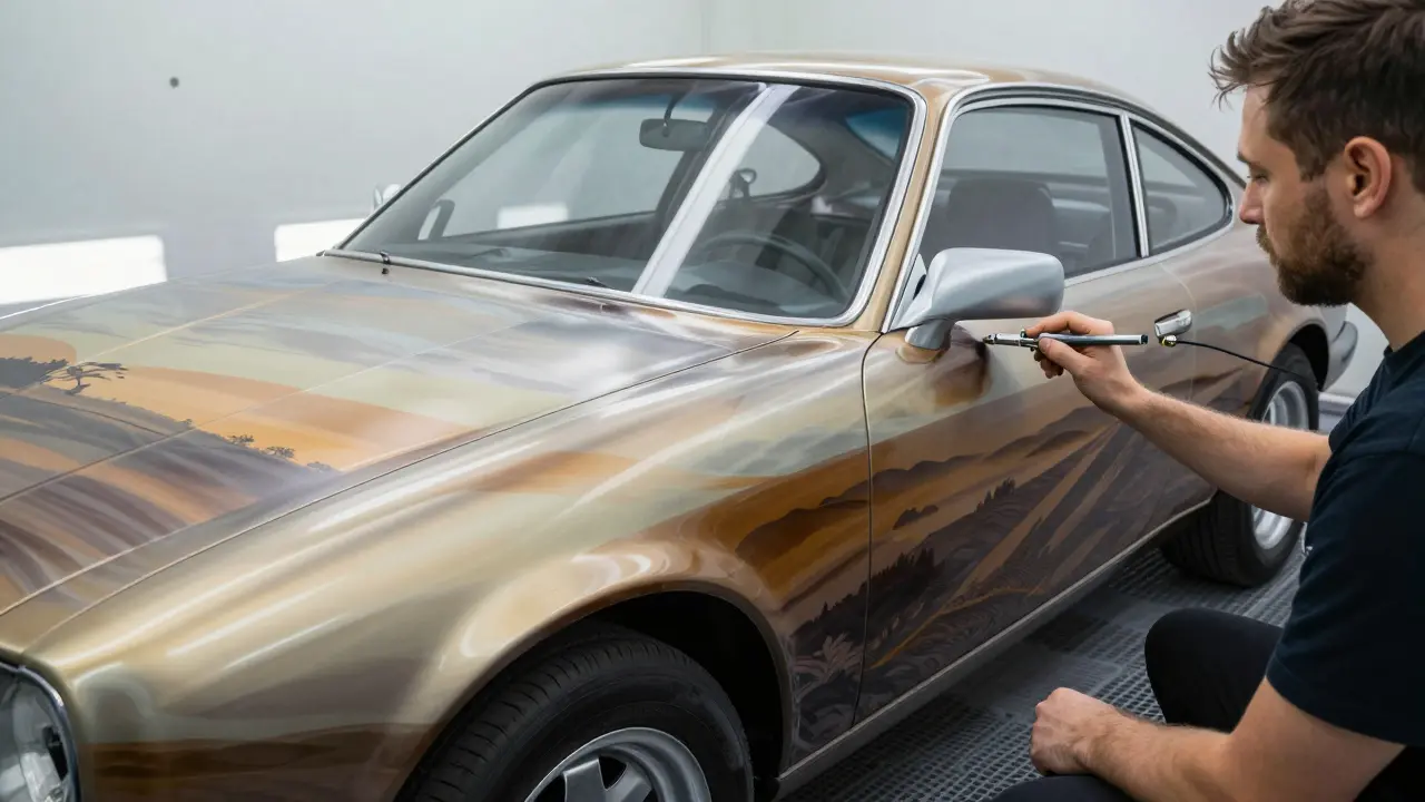Artist painting a detailed landscape mural on the side of a vintage car in a studio.