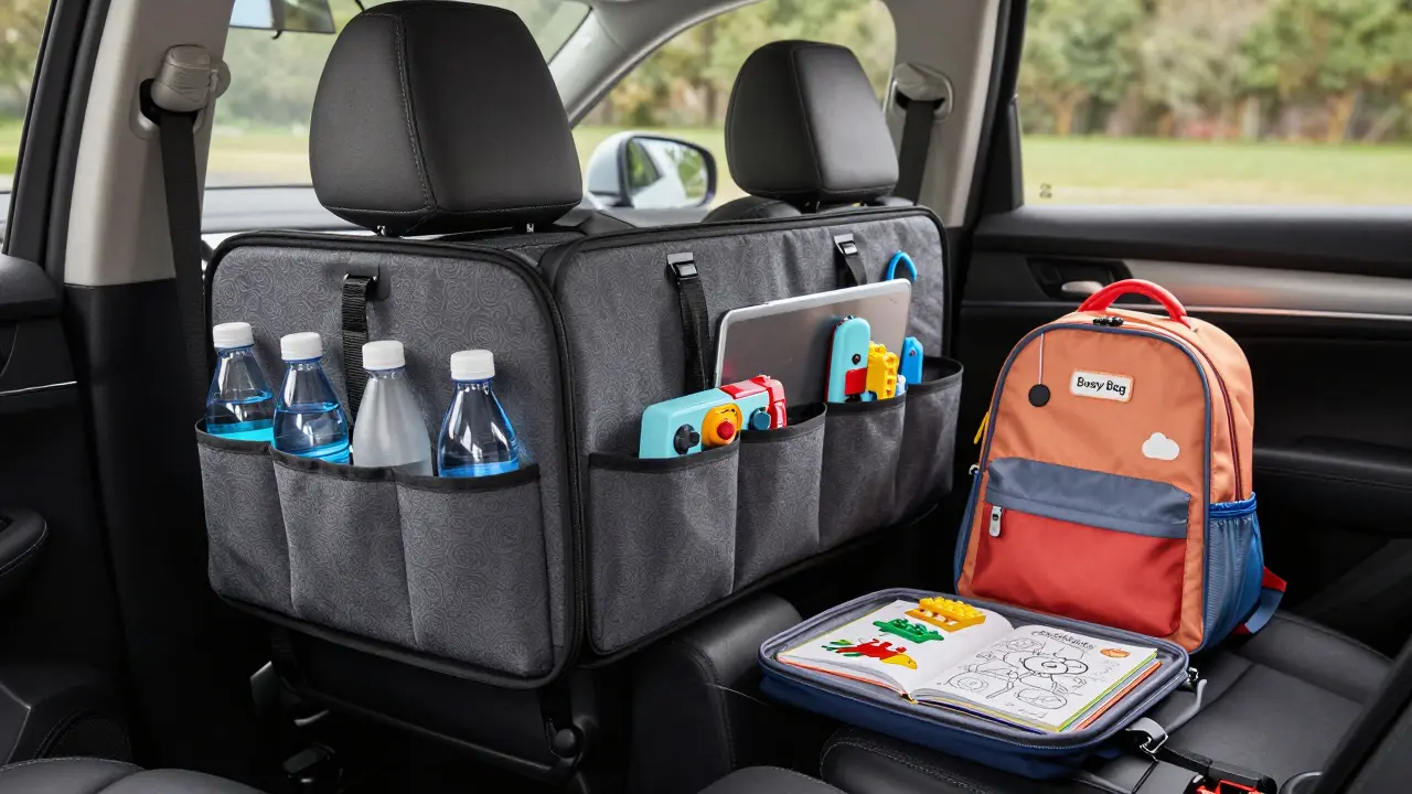 Car backseat with an organizer holding a tablet and toys for children.
