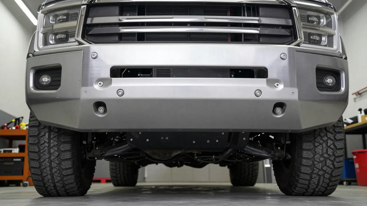 Clean aluminum skid plate installed under lifted truck in workshop.