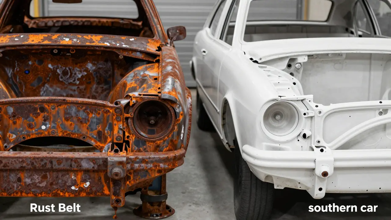 Close-up comparison of a rusted car chassis and a clean, rust-free chassis.