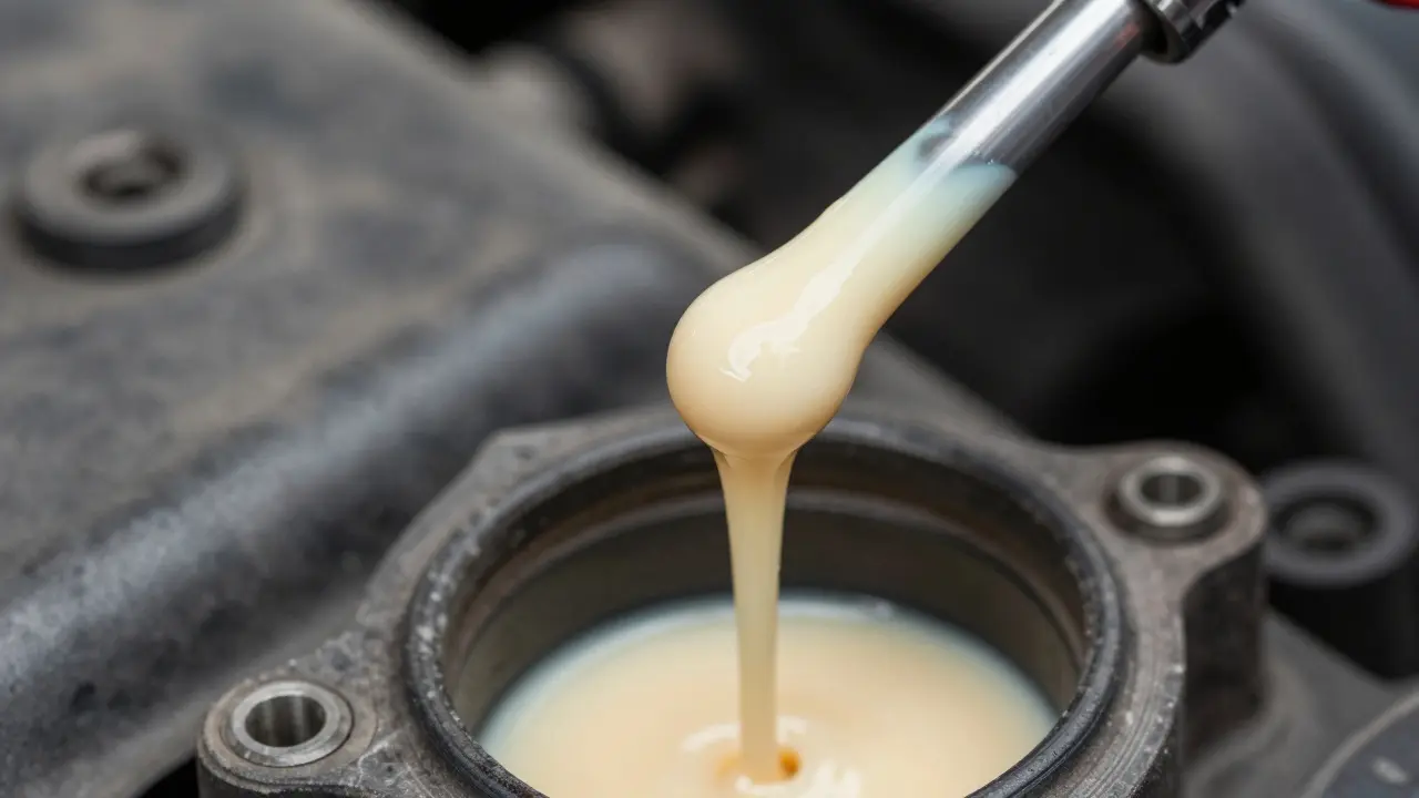 Close-up of a dipstick showing milky beige oil indicating a blown head gasket