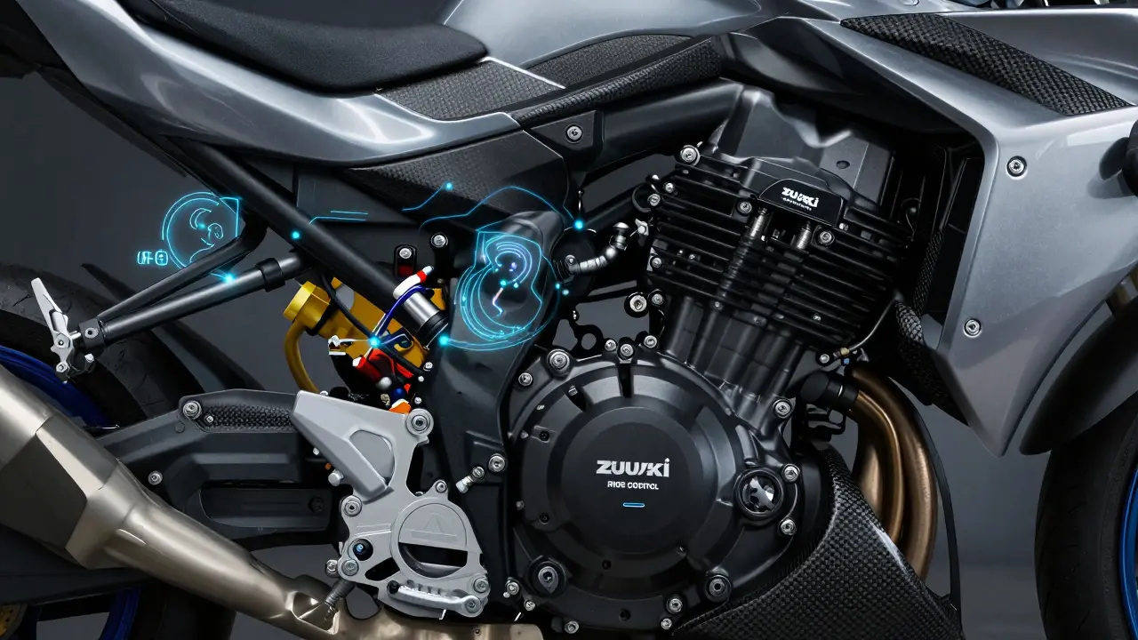 Close-up of a high-performance motorcycle engine with electronic sensor highlights