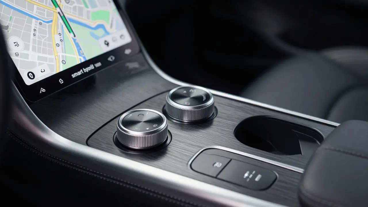 Close-up of a luxury car interior showing a digital screen next to premium physical control knobs