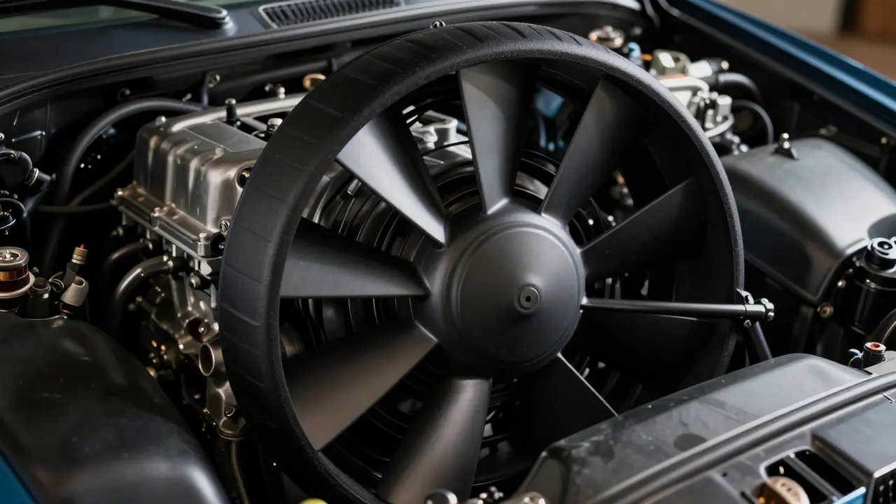 Close-up of a modern electric cooling fan and shroud installed in a classic engine.