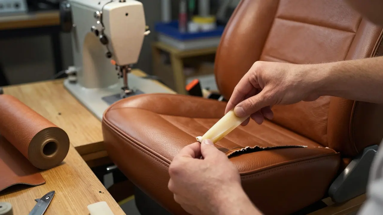 Close-up of a technician repairing a vintage car seat with professional tools.