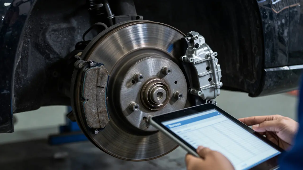 Close-up of car brake components in a professional garage setting.