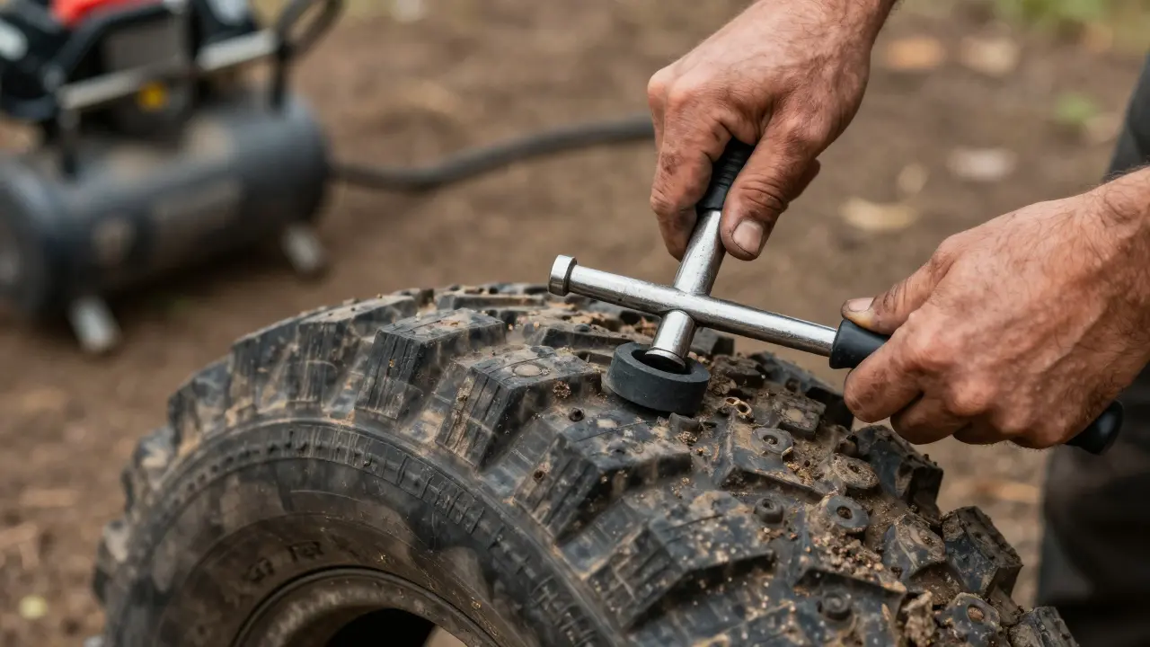 Close-up of hands using a plug kit to fix a puncture in a muddy off-road tire.