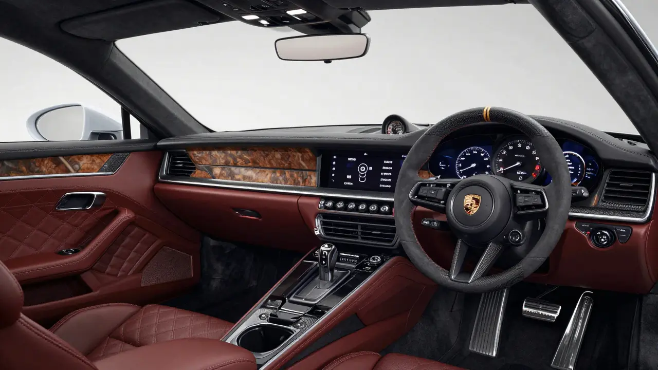 Comparison of a classic wood-trimmed luxury interior and a modern sports car cockpit