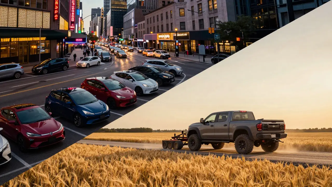 Comparison of compact cars in a dense city and a pickup truck in a rural field.