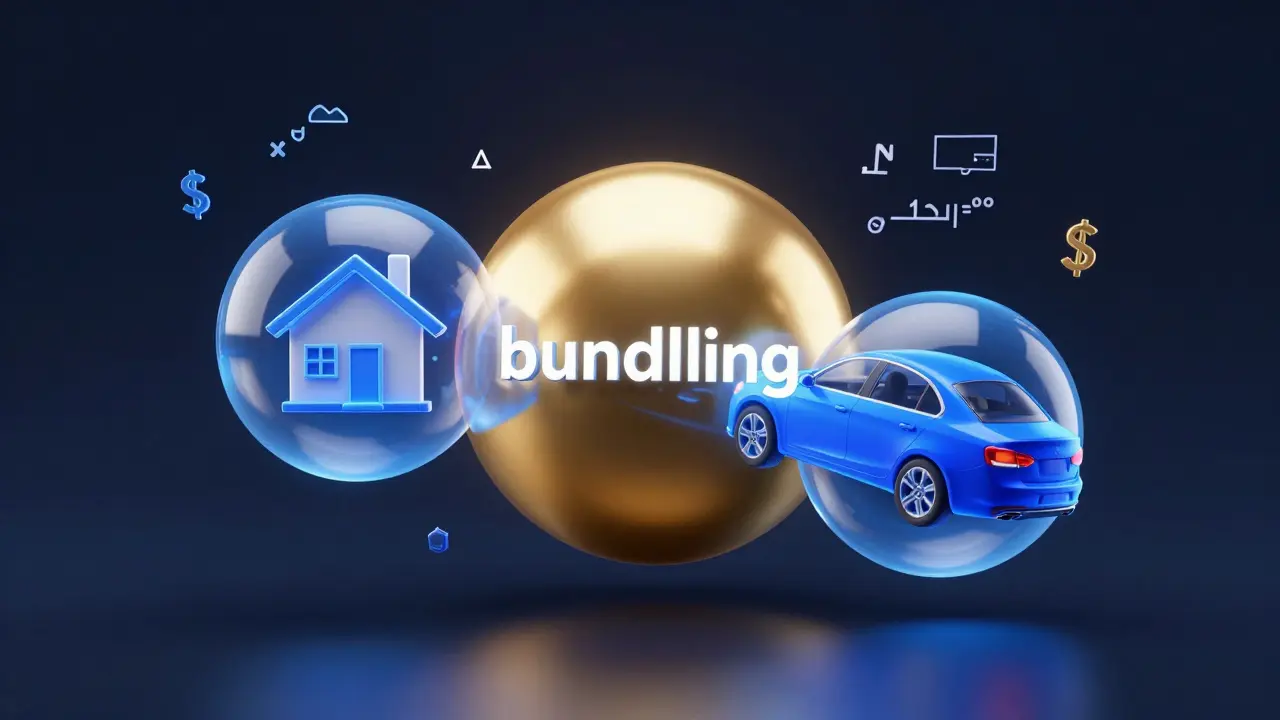 Conceptual 3D image of a car and house merging into one golden sphere to represent bundling.