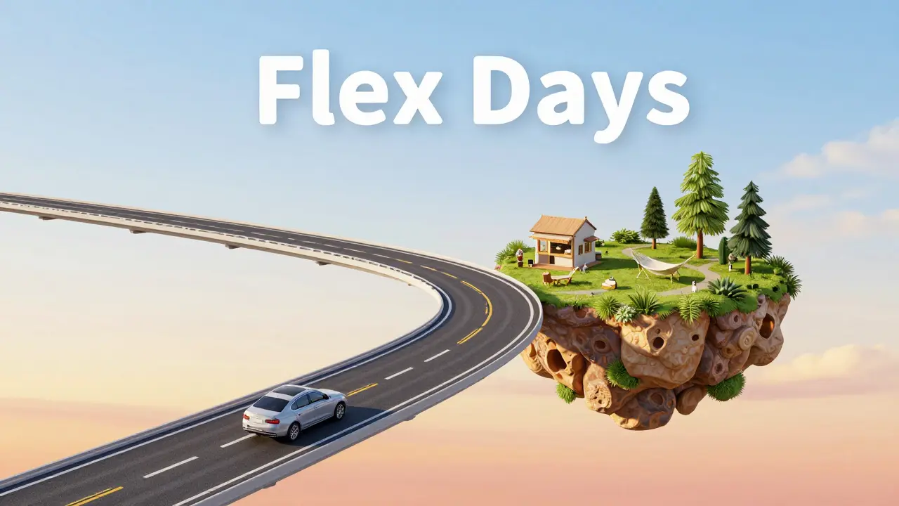 Conceptual illustration of a road transforming into a relaxing break area.