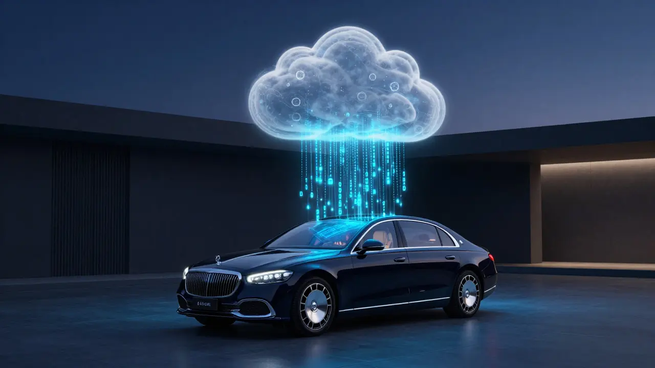 Conceptual image of a luxury car receiving a wireless OTA software update from a digital cloud