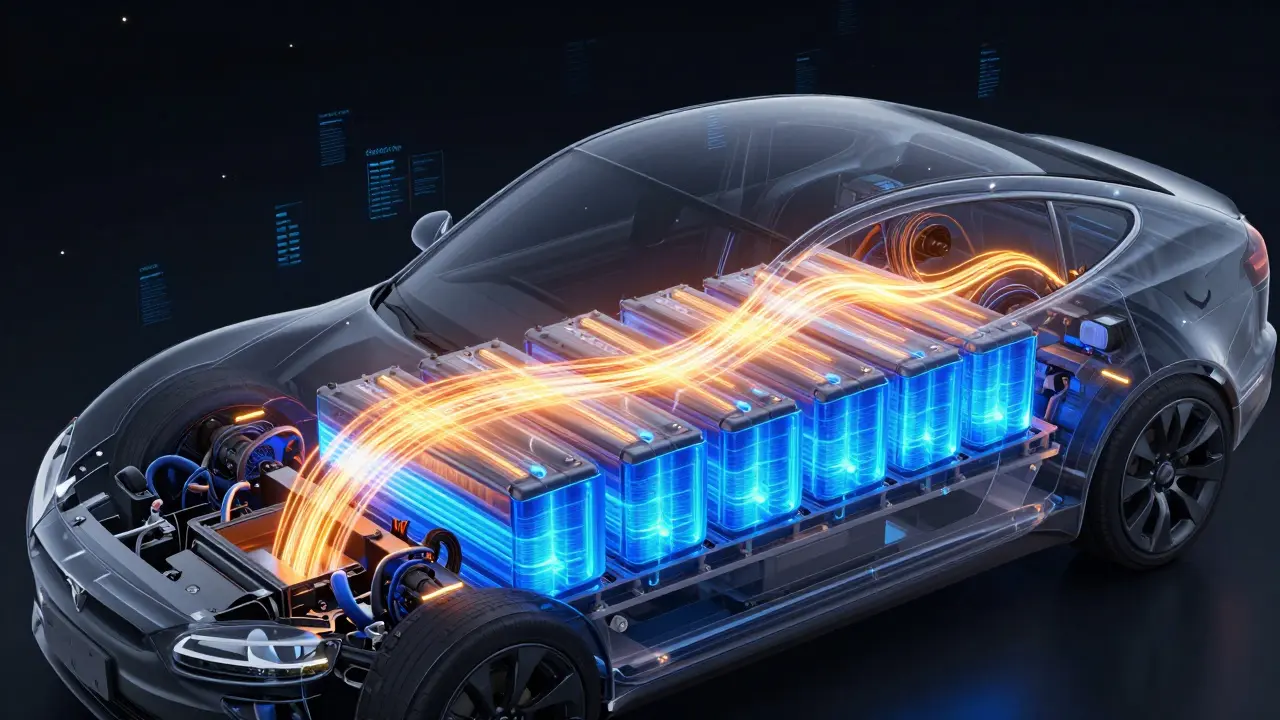 Conceptual visualization of energy flow and thermal management in an EV battery.
