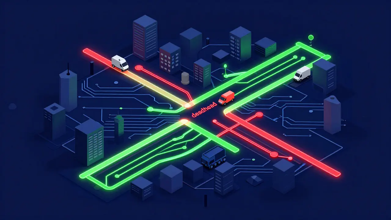 Digital isometric map showing optimized green delivery routes for a city fleet