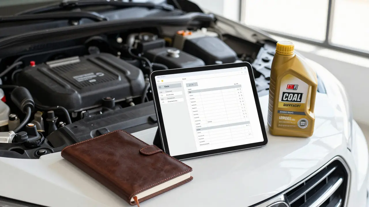 Digital tablet and logbook with synthetic oil for vehicle maintenance.