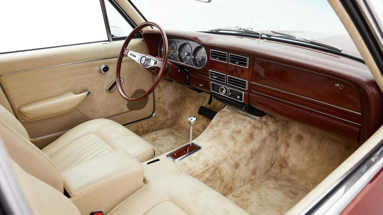 Fully restored classic car interior with new upholstery and a smooth dashboard.