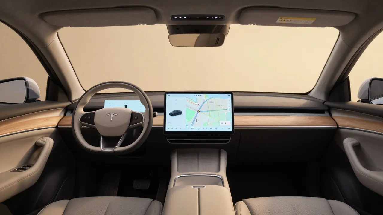 Futuristic EV interior featuring a curved hyperscreen dashboard and sustainable luxury materials