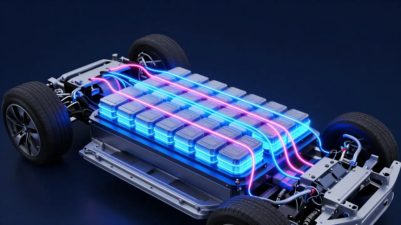 Illustration of an EV battery cooling system with glowing fluid lines