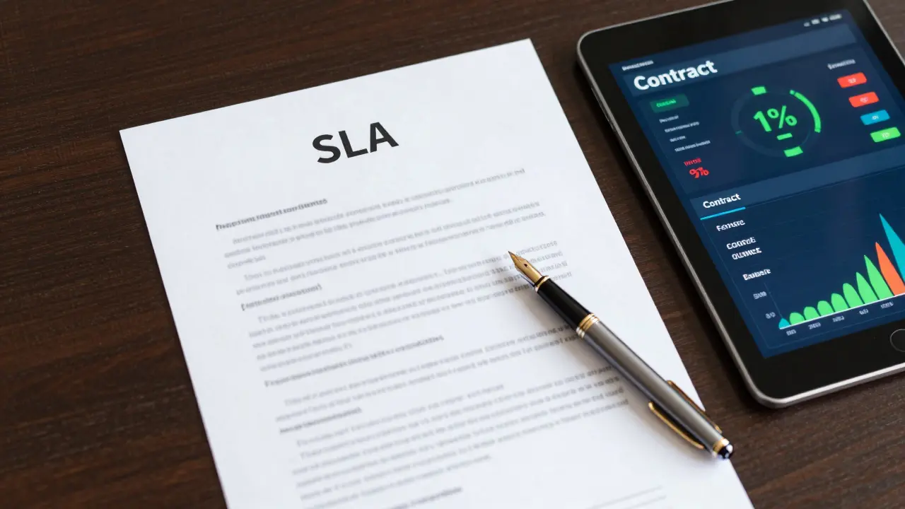Legal contract and a digital performance dashboard on an executive desk.