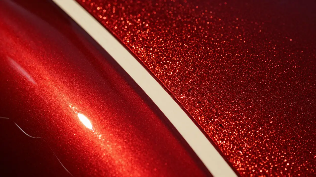 Macro view of deep candy red paint and sparkling metal flake with a thin pinstripe detail.