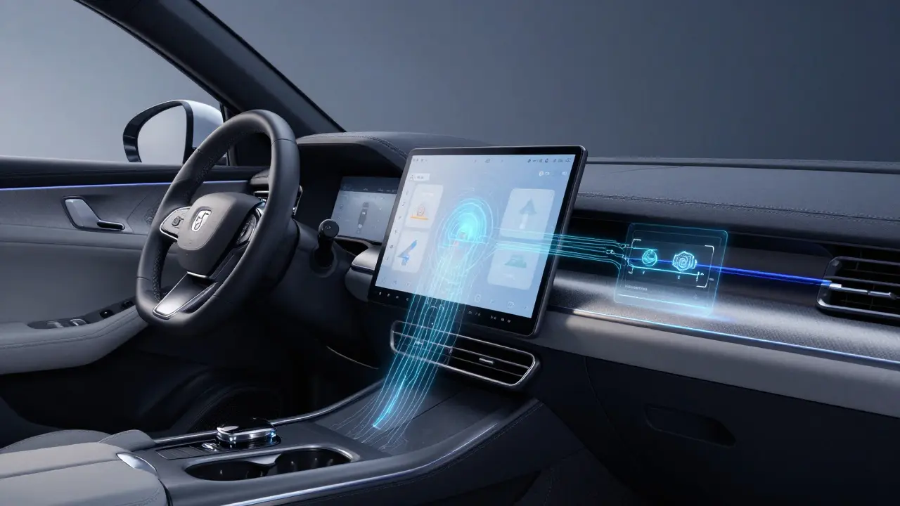 Modern car interior with highlighted electronic systems and a touchscreen.