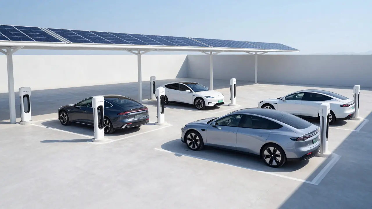 Modern high-power EV charging plaza with luxury cars under solar canopies.
