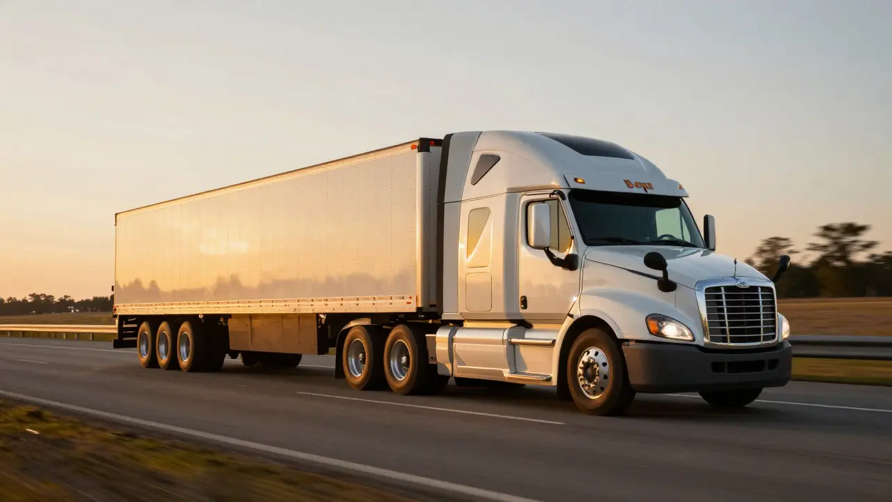 Modern semi-truck with aerodynamic fairings driving efficiently on a highway at sunset