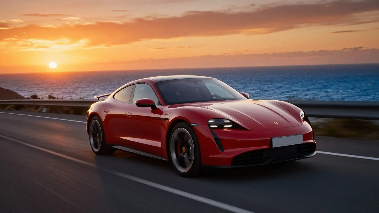 Porsche Taycan driving fast on a winding coastal road during a golden sunset