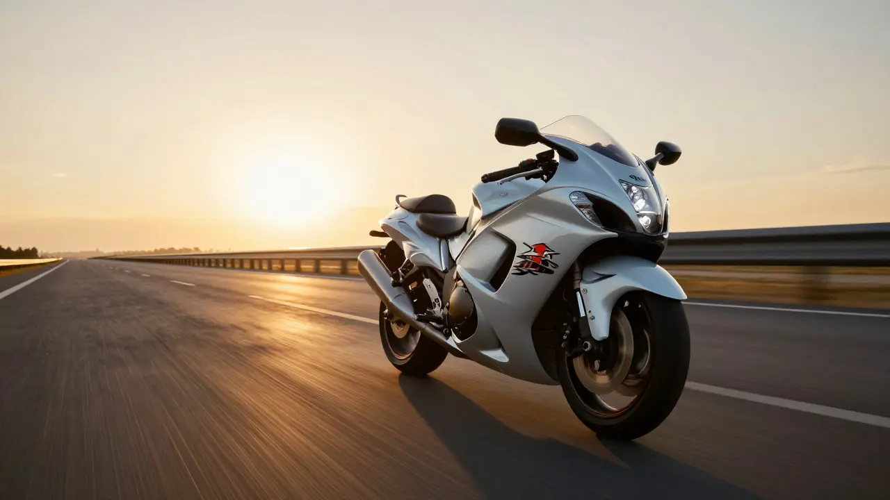 Suzuki Hayabusa speeding down an open highway during a golden sunset